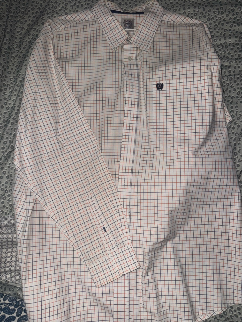 Cinch White Dress Shirt with orange & Blue Windowpane Check